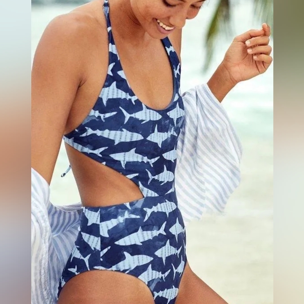 aerie Navy and White Shark Print One-Piece Swimsuit